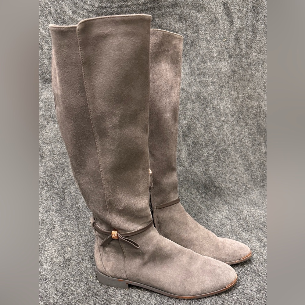 Ted Baker London Gray Suede Knee High‎ Boots Floral Lining Size 8.5